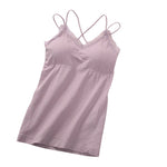 Women Vertical Rib Long Camisole With Crisscross Thin Straps Romantic Lace Trim V Neck Built-In Chest Pads Daily Inner Sling Top