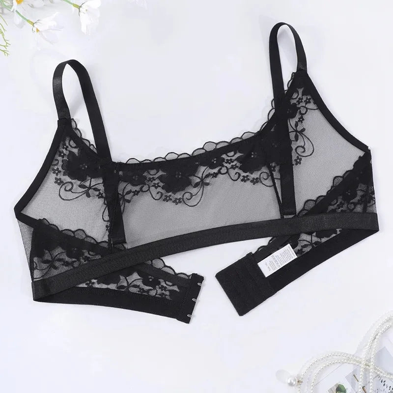 1pcs Plus Size 1XL-4XL Sexy Lace Women's Bras No Pad Breathable Sexy Lingerie 3/4 Cup Black Female Underwear Perspective Bra