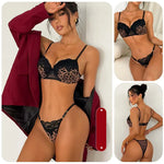 Women's Leopard Print Bra Set Lace Splicing Sexy Intimate Lingerie Deep V Underwire Push Up Brassiere Adjustable Thong Underwear