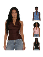 Women Halter Cowl Neck Tank Tops Slim Solid Color Satin Sleeveless Backless Vest for Going Out Party Club