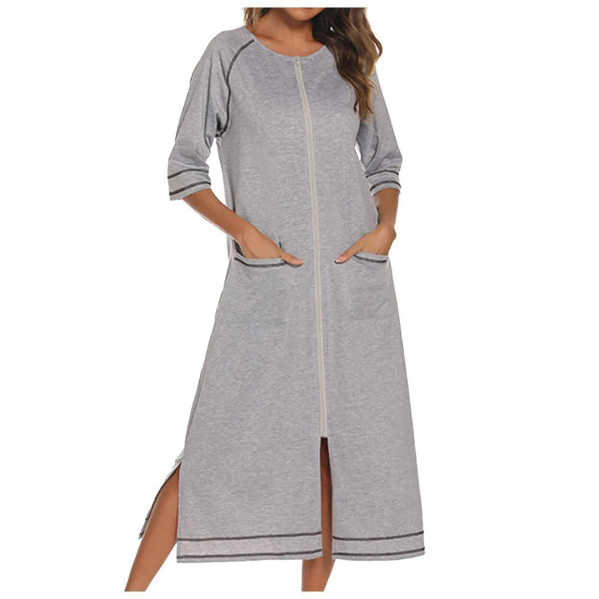 Summer Dresses For Women 2024 Zipper Front Robe Half Sleeve Bathrobe Full Length Soft Cotton Duster Dress With Pockets Home Wear