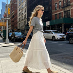 Women's Summer Hollow-Out Hem Elastic Waist Skirts Fashion Casual A-line Skirts Solid Color Long Skirts