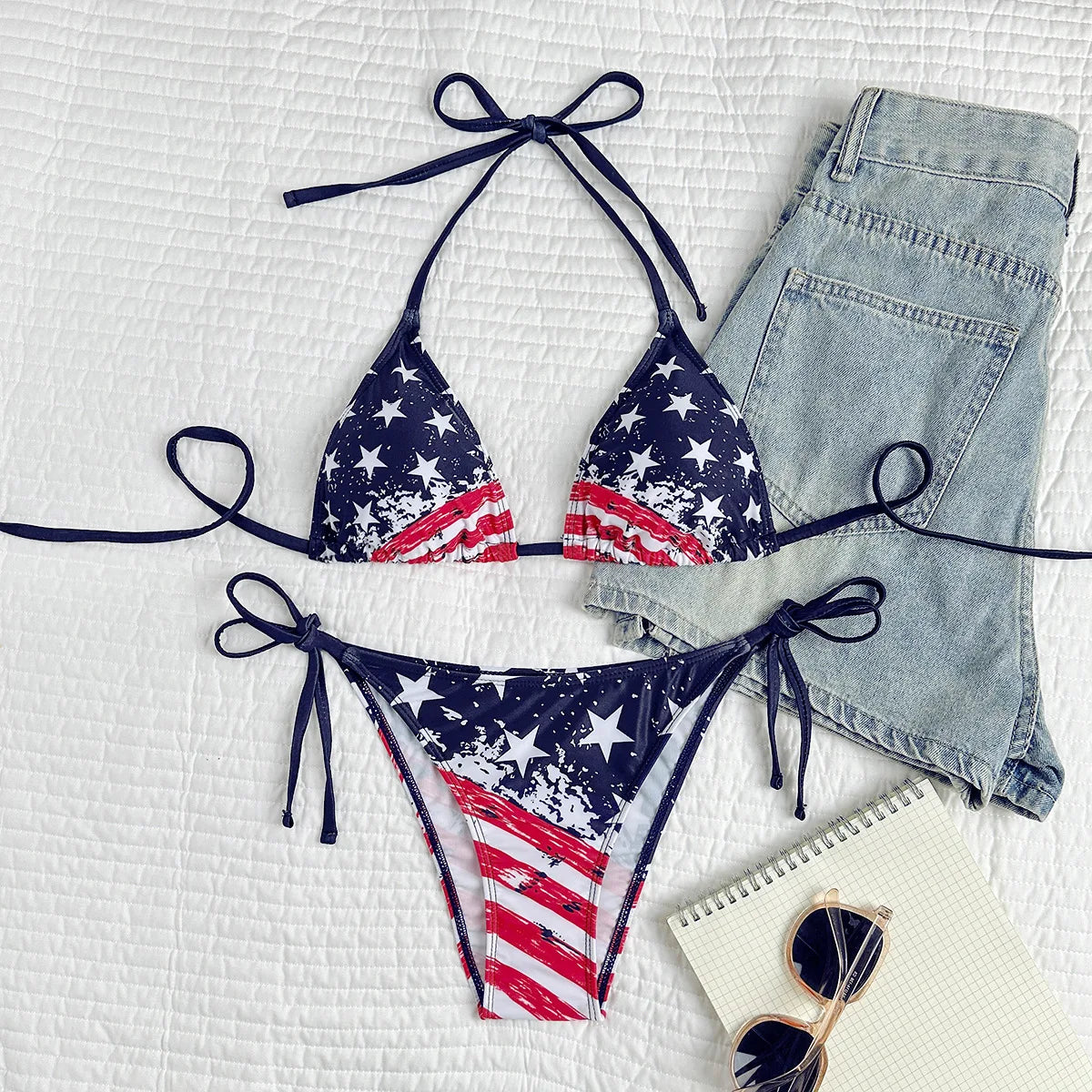 Women's Sexy American Flag Print Halter-Tie Bikini Swimsuit Set — Sporty Style