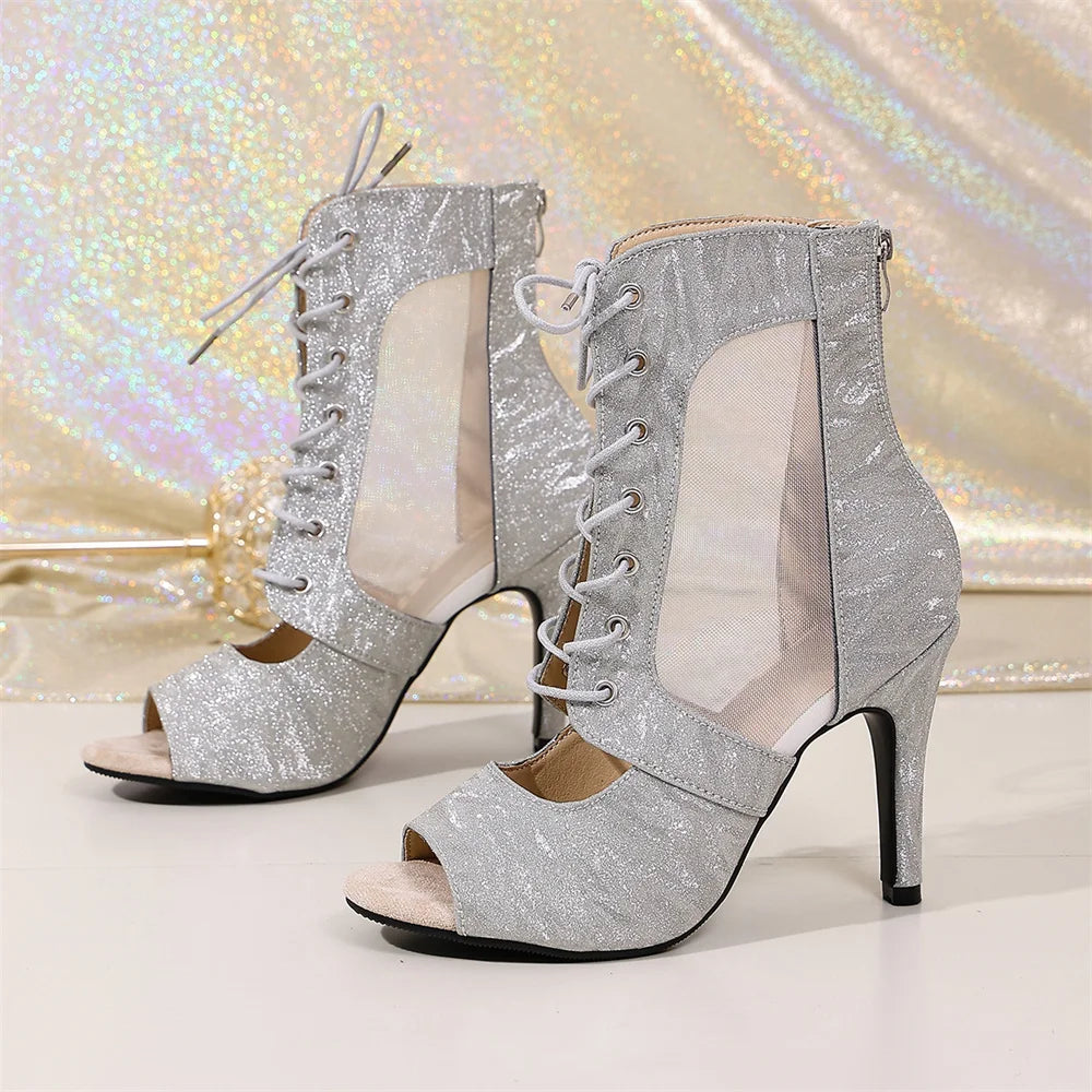 Silver Glitter Mesh Lace Up Summer Ankle Boots Women Peep Toe Zipper 10cm Stiletto High Heel Club Prom Dance Party Shoes Size 43