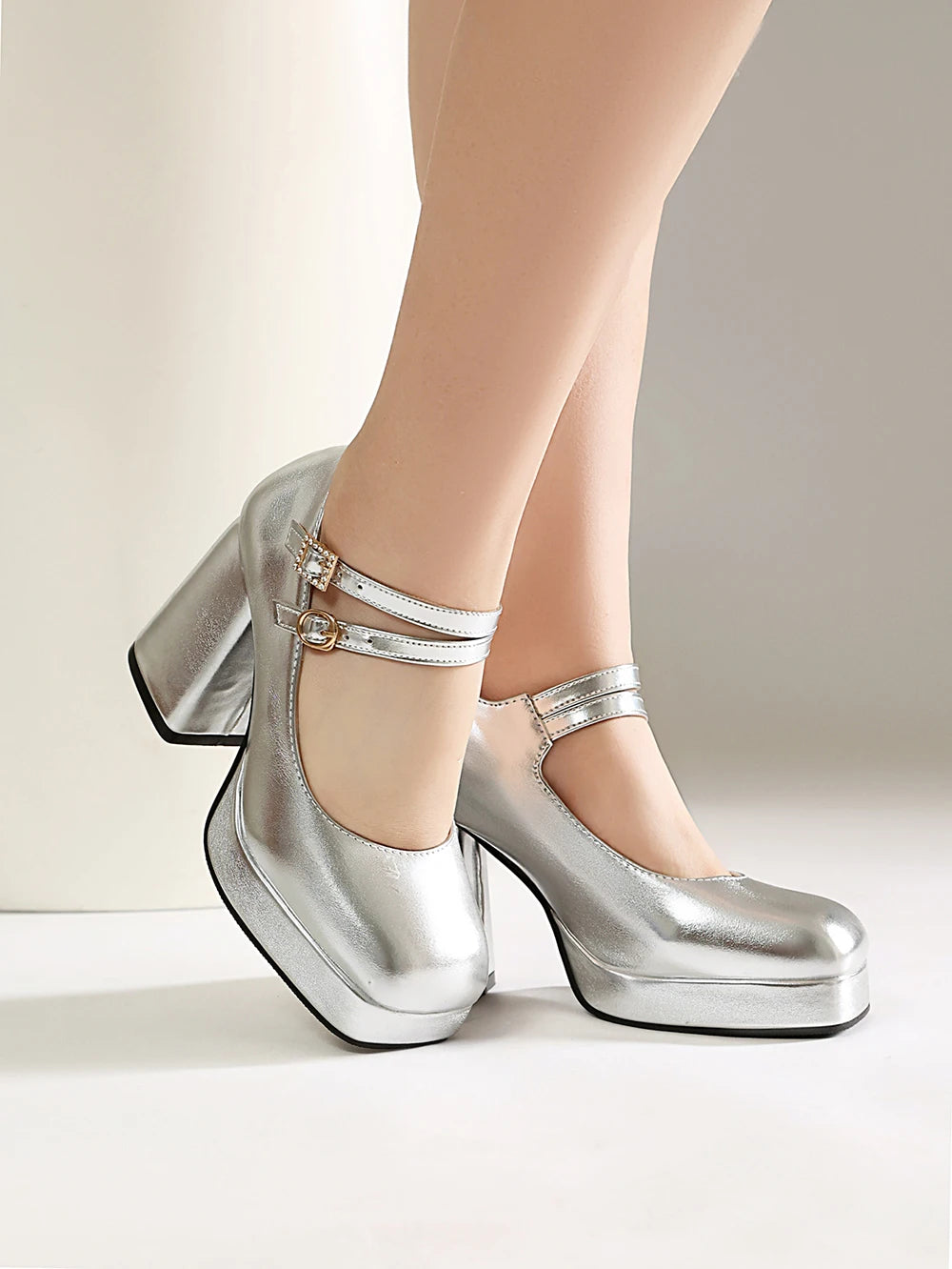 Women Silver Metallic Platform Mary Jane Shoes Double Rhinestone Buckle Chunky Block High Heels Y2K Vintage Square Toe Pumps