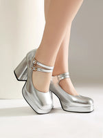 Women Silver Metallic Platform Mary Jane Shoes Double Rhinestone Buckle Chunky Block High Heels Y2K Vintage Square Toe Pumps
