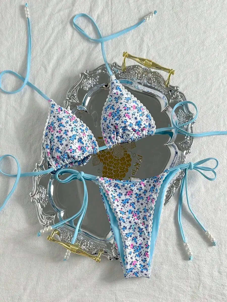 Womens Green Yellow Brazil Print Halter Tie Side Bikini Set For Beach Pool Vacation