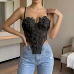 Summer White 3D Flower Camisole Vest Women Sexy Hanging Neck Transparent Mesh Embroidered Corset Slim Fit Fishbone Tank Tops