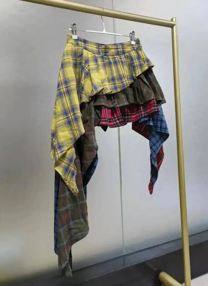 Real Photo Autumn Trend New Fashion Cotton Plaid Patchwork Irregular Skirt High Waist Pants Skirt Women's Streetwear Y2K X6CQ