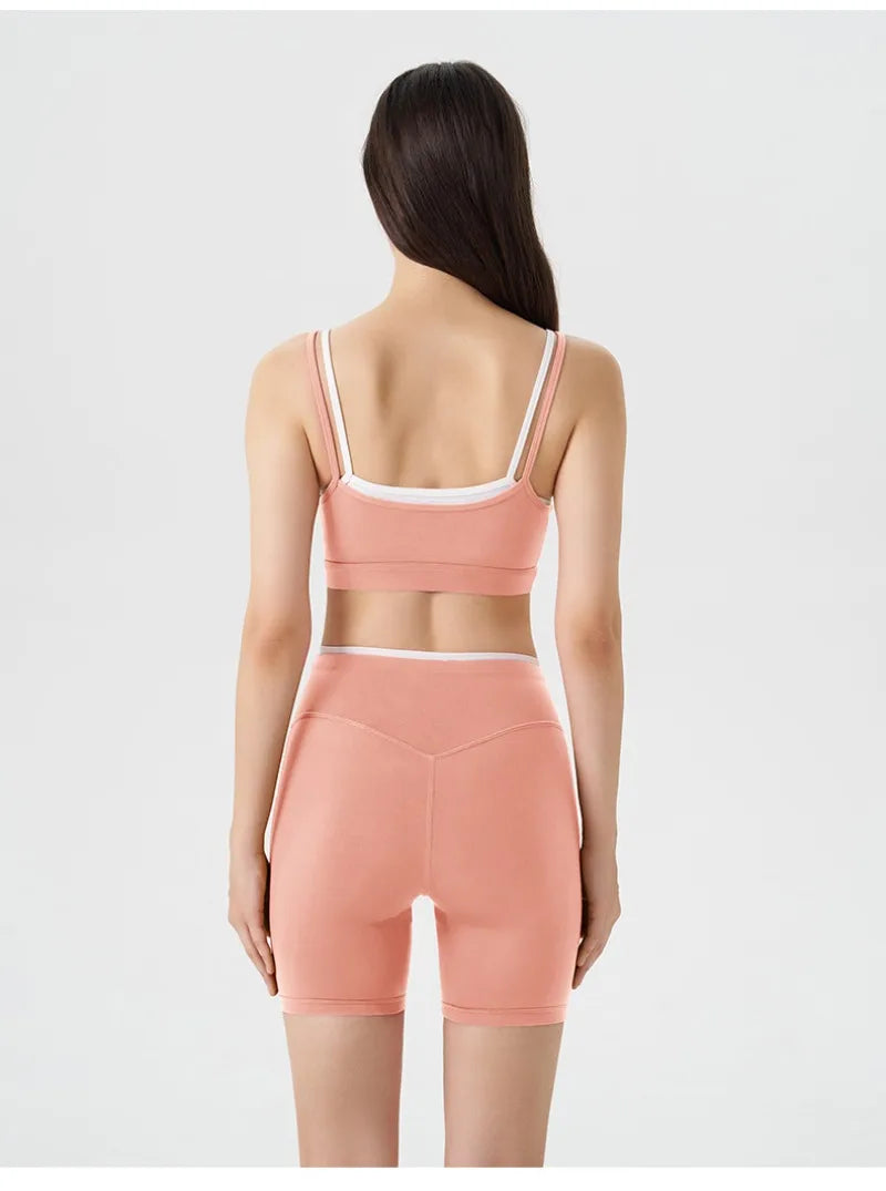 Women's 2-piece Yoga Set Fake Two-Piece Color-Block White Stripe Camisole Running Sports Bra Shorts Yoga Outfit Set