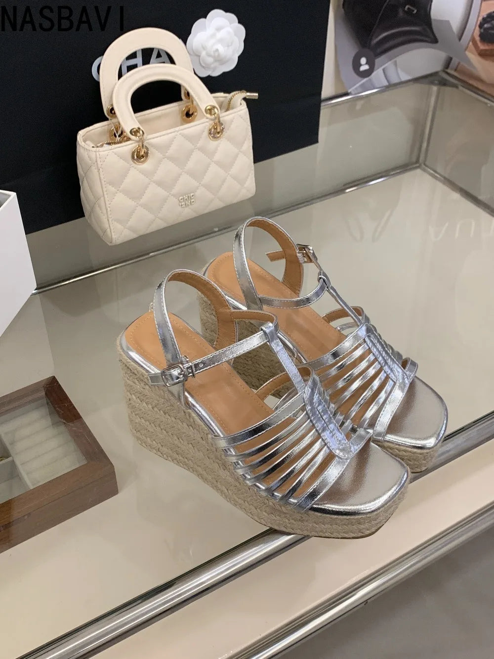 9cm Heeled Wedges Ankle Sandals Black Dress Shoes for Women T-Strap Silver Chunky Heels Summer Platform Bohemia Sandals 2026