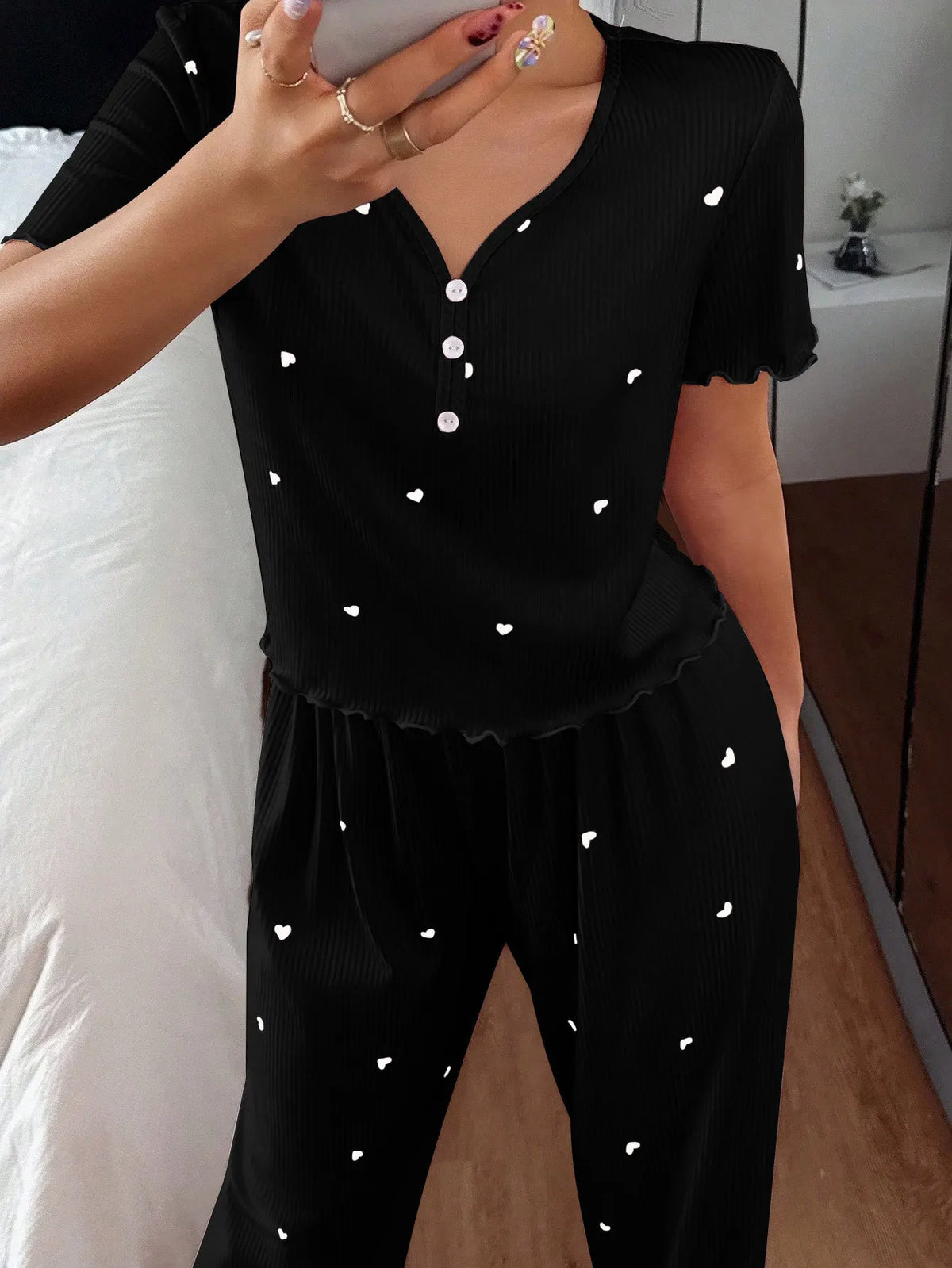 Autumn Winter Women's Sleepwear Short-Sleeve Tops and Ribbed Trousers Pajamas Set Casual Homewear Loungewear