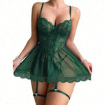Sexy Garter Belt Mesh Lace Lingerie Dress Set With Thong