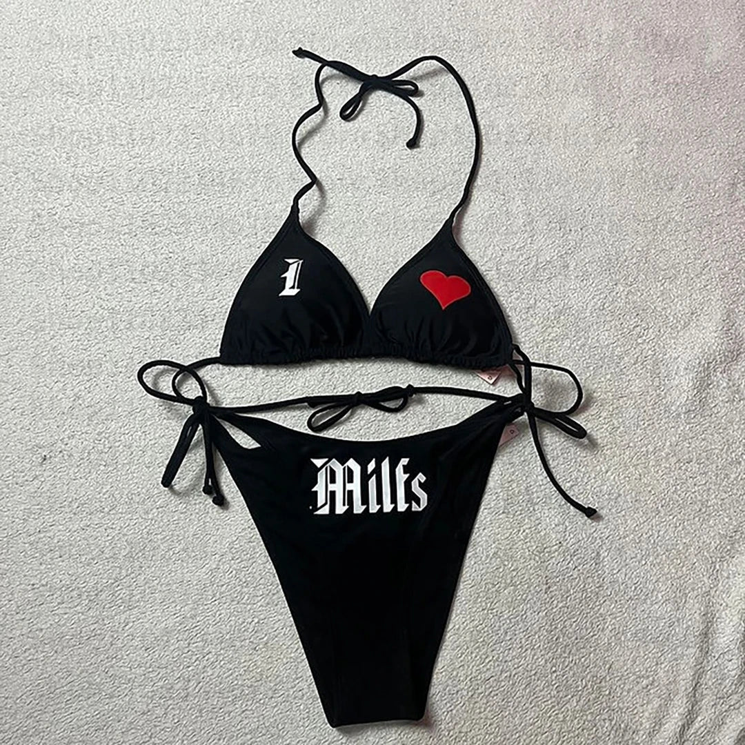 Y2k Style Letter Print Bikini Set Sexy Thong Swimsuit Two Pieces Bathing Suit Punk Gothic Fashion Women Swimwear 2000s Emo Girls