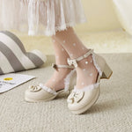 Girls Women 2026 Lolita Square Heeled Leather Single Shoes White Bow Lolita Mary Janes Summer Buckle Strap Sandals Dress Shoes