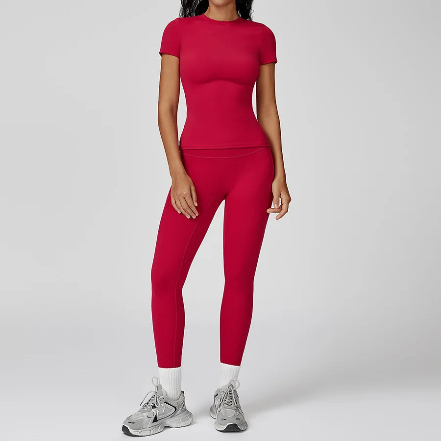 New Yoga Set Two Piece Women Short Sleeve Top with High Waist Leggings Seamless Workout Clothes Patchwork Sport Fitness Gym Sets