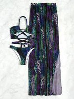 2024 Halter Criss Cross Bikini Tropical Print Swimsuit & Beach Dress 3 Piece Sexy Swimwear Women Bathing Suit Beachwear Summer