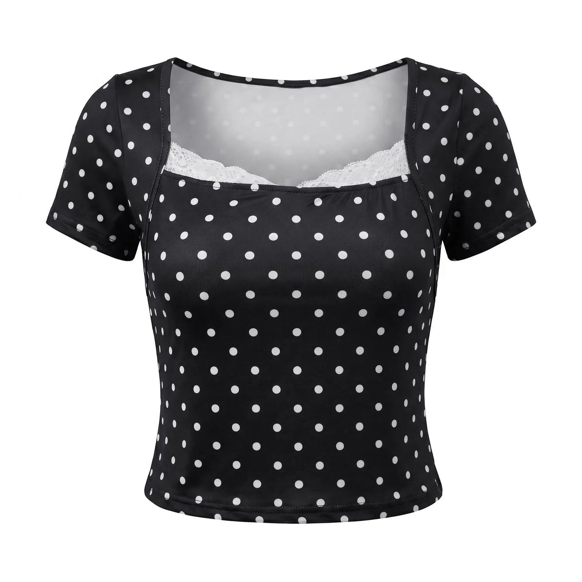 2026 Summer Women Lace Trim T-shirt Square Neck Short Sleeve Slim Fit Cropped Tops Trendy Daily Casual Retro Shirts