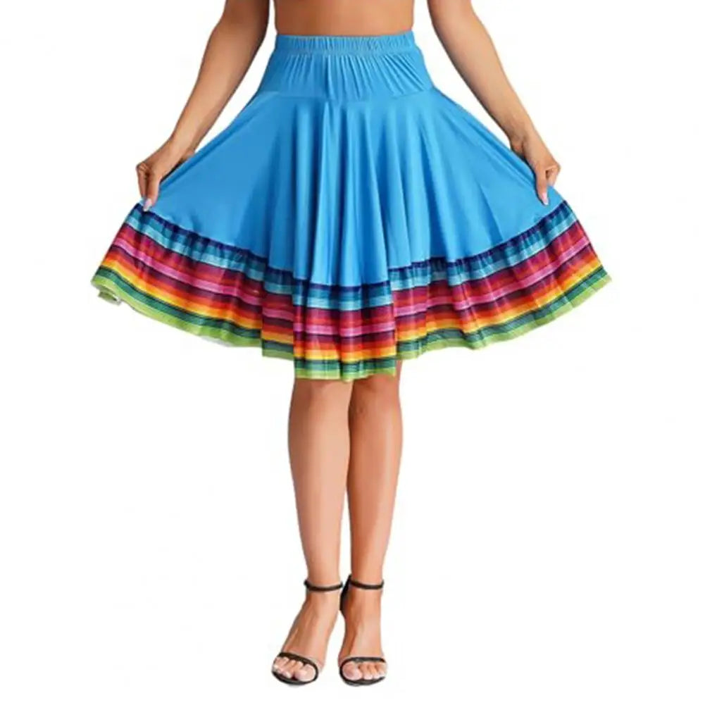 High Waist Spanish Swing Skirt Midi Skirt Ladies Folk Dance Skirt Elastic Large Swing Hem Mexican Flamenco Performance Skirts