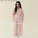 Thick Extra Long Embroidered Coral Fleece Bathrobe Elegant Ladies Winter Bridal Home Sleepwear Dressing Gown