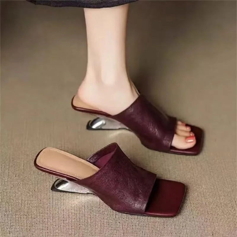 LuxeSquare Toe Slide Sandals Premium Leather One Strap Mules Chunky Sole Backless Loafers Dressy Casual Summer Shoes