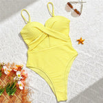Solid Yellow Ribbed Swimwear Sexy Tummy Control Swimsuit One Piece Woman 2026 Hollow Out Bathing Swimming Suit Wear Monokini