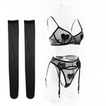 Toucheart Sexy Lingerie Undies Solid Color Mesh See-through Women's Garters Underwear Suit Sexy Stocking Underwear 5-piece Set