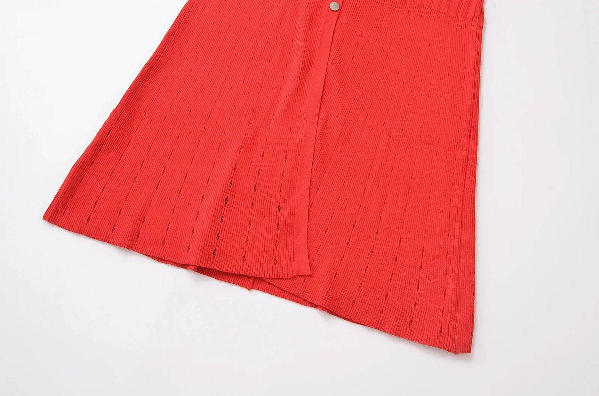 Foridol Red Knitted Polo Dress Autumn Winter Women Dress Casual Elegant Maxi A-line Hollow OutDress Slim Christmas Party