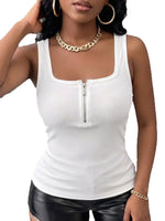 Women Half-Zip Tank Top Solid Ribbed Sleeveless Camisole Slim Fit Basic Casual Summer Vest Top