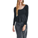 Women Long Sleeve Fall Peplum Tops Casual Solid Color Ruffled Hem Basic T-shirts Streetwear