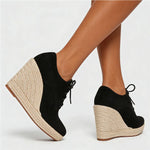 2026 Big Size 43 Vintage Brown Black Pointy Toe Lace-up High Heels Espadrilles Pumps Comfy Walk Office Lady Wedges Shoes Women