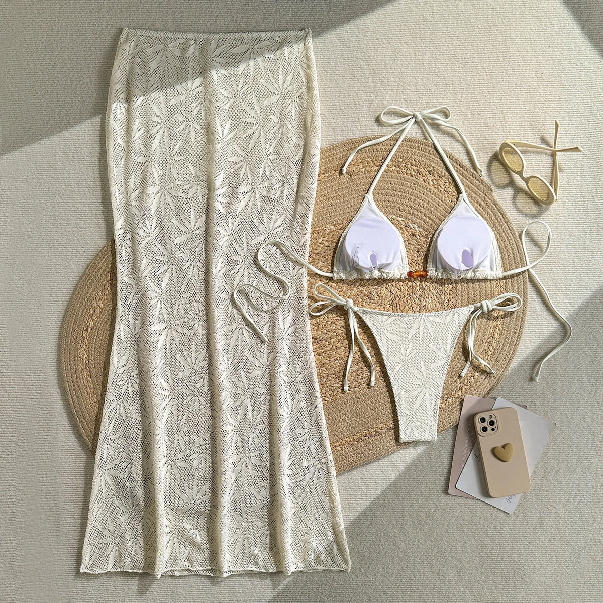 DEKA Women Vintage Beige Leaves Print Bikini Set Drawstring High Waist Mesh Pants 3 Piece Swimsuit Holiday Bathing Suit Swimwear