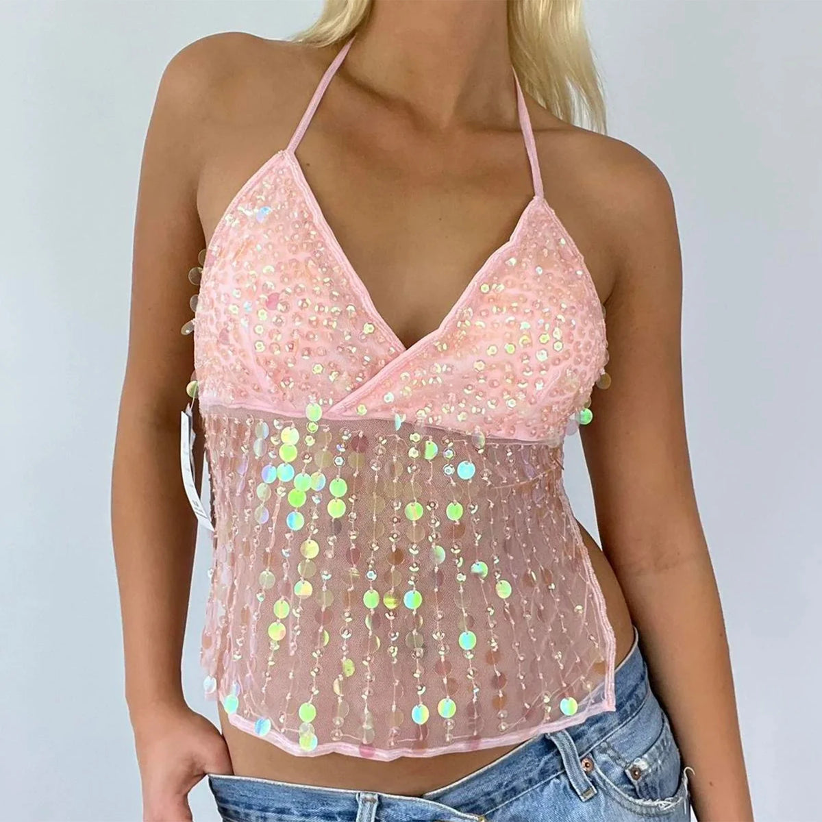 Women's Solid Color Halter Neck Crop Tops Summer Sleeveless V neck Open Back Slim Fit Tie Up Sequins Camis Tops