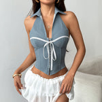 Sexy Gray Striped Turn Down Collar Camisole Women V Neck Front Tie Slim Fit Fishbone Tank Top Back Bandage Cross Club Party Vest