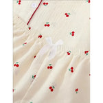 Cherry Print Textured Pajama Set Cute Short Sleeve Buttons Lapel Top & Elastic Shorts Women's Sleepwear