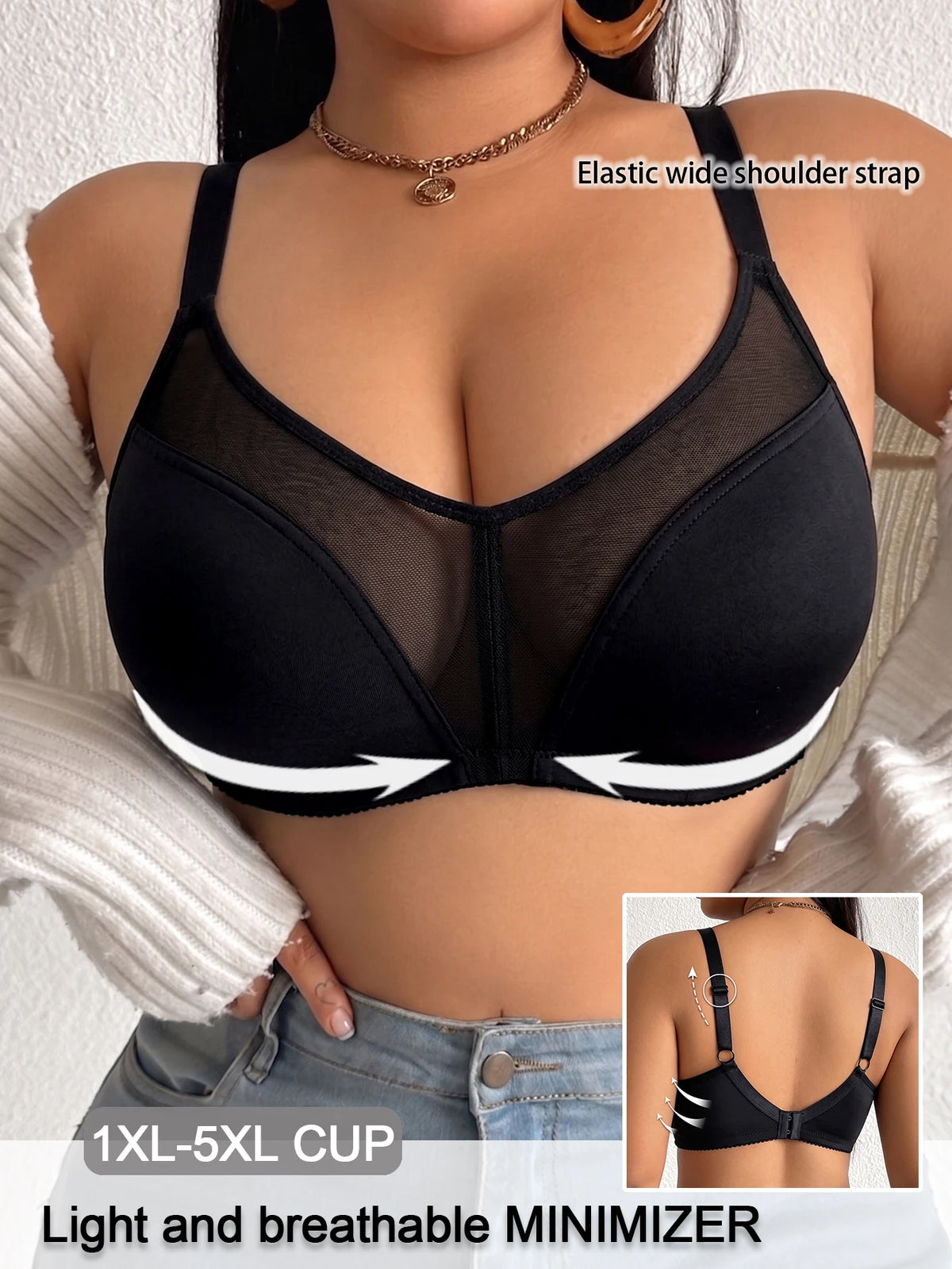 Full Cup Plus Size Women Bra Wireless Thin Side Support Gathering Brassiere Comfort Breathable Mesh Minimizer Bra