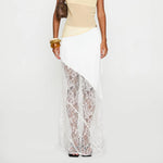 Women's Summer Satin Lace Patchwork Long Skirts Mid Waist Solid Color Fashion Elegant Asymmetric Skirts