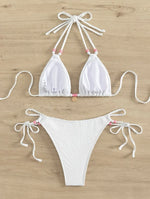 Sexy Pink Micro Thong Bikinis Sets Bead String Halter Swimwear Women Mini Swimsuit Bathing Suit Lace-up Biquinis Triangle Bikini