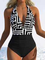 Vintage Black Plaid Patchwork Swimwear Women 2026 V Neck Pleate Tummy Control One Piece Swimsuit Beach Bathing Suit Monokini XXL