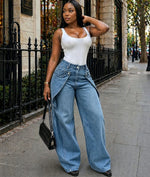European and American style casual jeans street fashion staggered button design straight leg