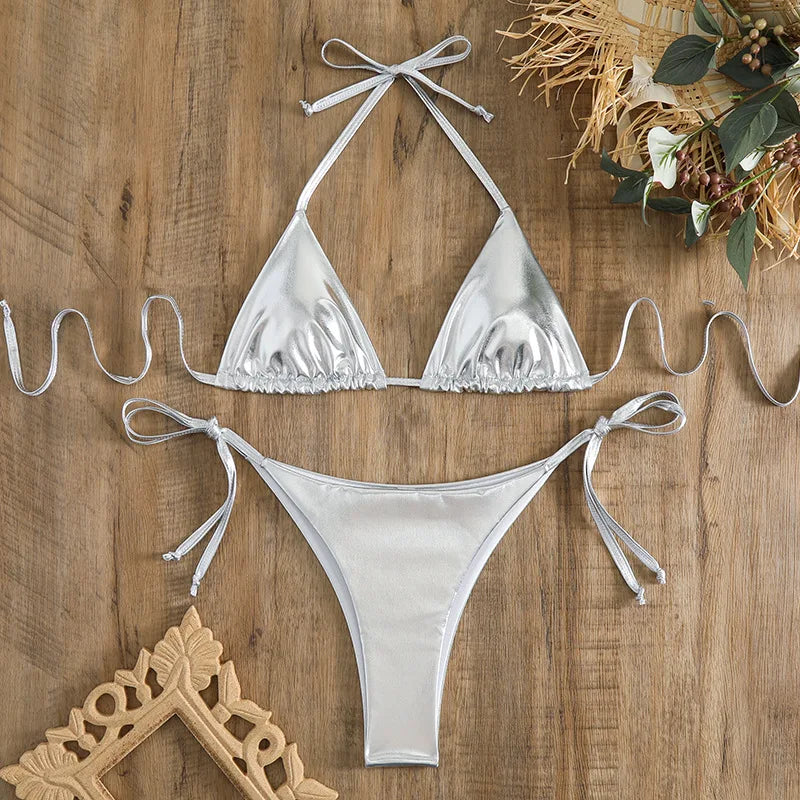Sexy Red Shiny Triangle Micro Thong Bikinis Sets for Women Mini Swimwear Bathing Suits String Halter Bikini Mujer Swimsuit 2026