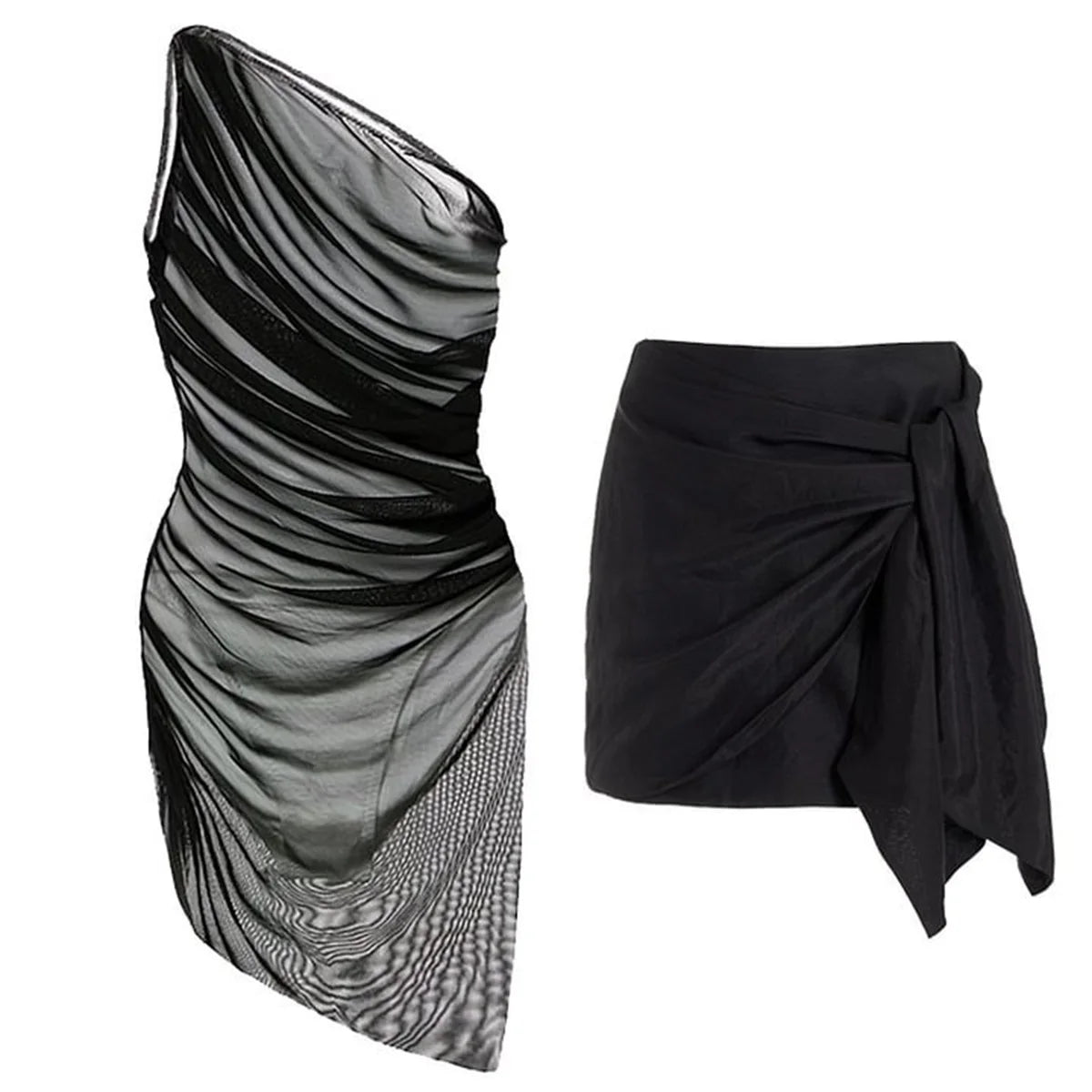 New 2Pcs Black Hollow Swimsuit Women Sexy Swimwear With Midi Skirt Push Up Bikini Female Biquini Bathingsuit Bodysuit Beachwear