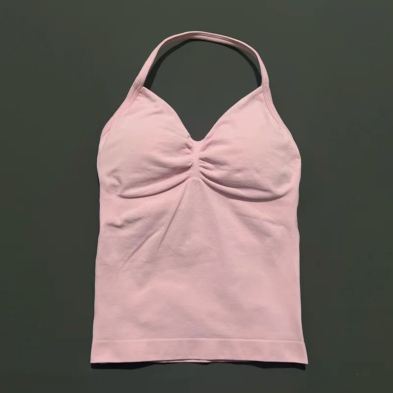 HISTELLO GYM Longline Strappy Top Women Seamless Yoga Clothing With Removable Pads V Neck Open Back Bra Workout Sports Halter