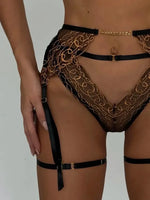 Toucheart4PCS Lace Golden Embroidery Sexy Underwear Set Slim Exposed Navel See-through Hollow Out Interesting Steelring Bralette