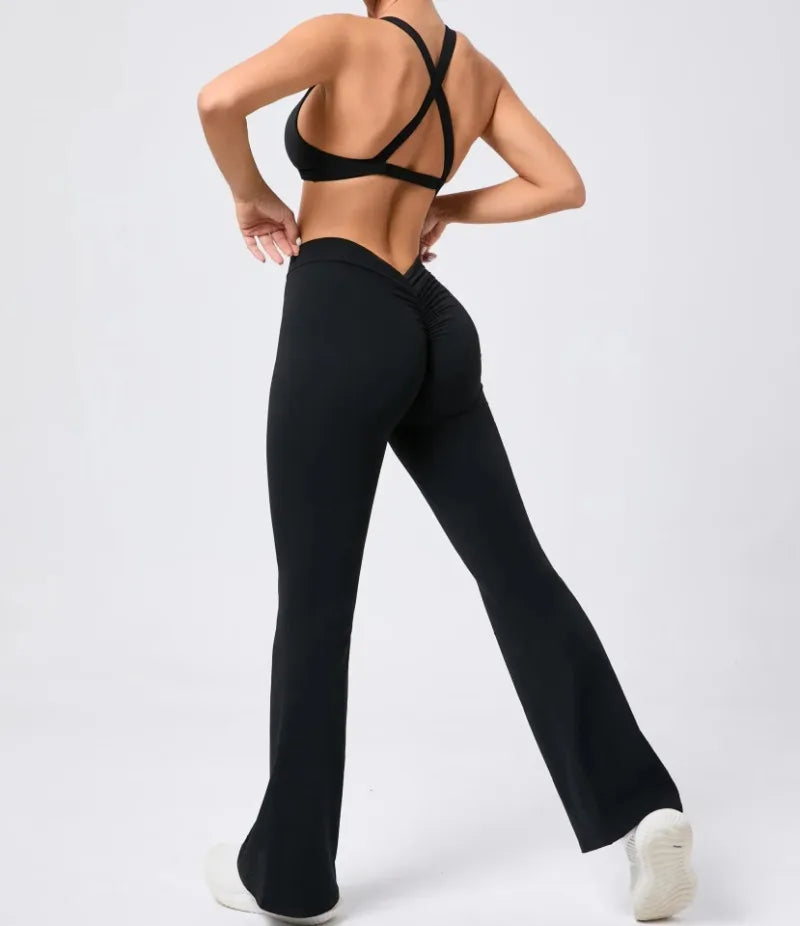Women's Seamless Yoga Sets Brushed Fabric Flared Hip-Lifting Pants Cross Beauty Back Bra Suits Gym Workout Fitness Training Sets