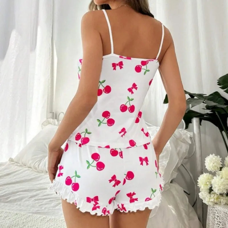 Women Sleepwear Summer Pajamas Set Breathable Soft Casual Cherry Print Straps Cami Tops and Shorts Set Homewear Loungewear
