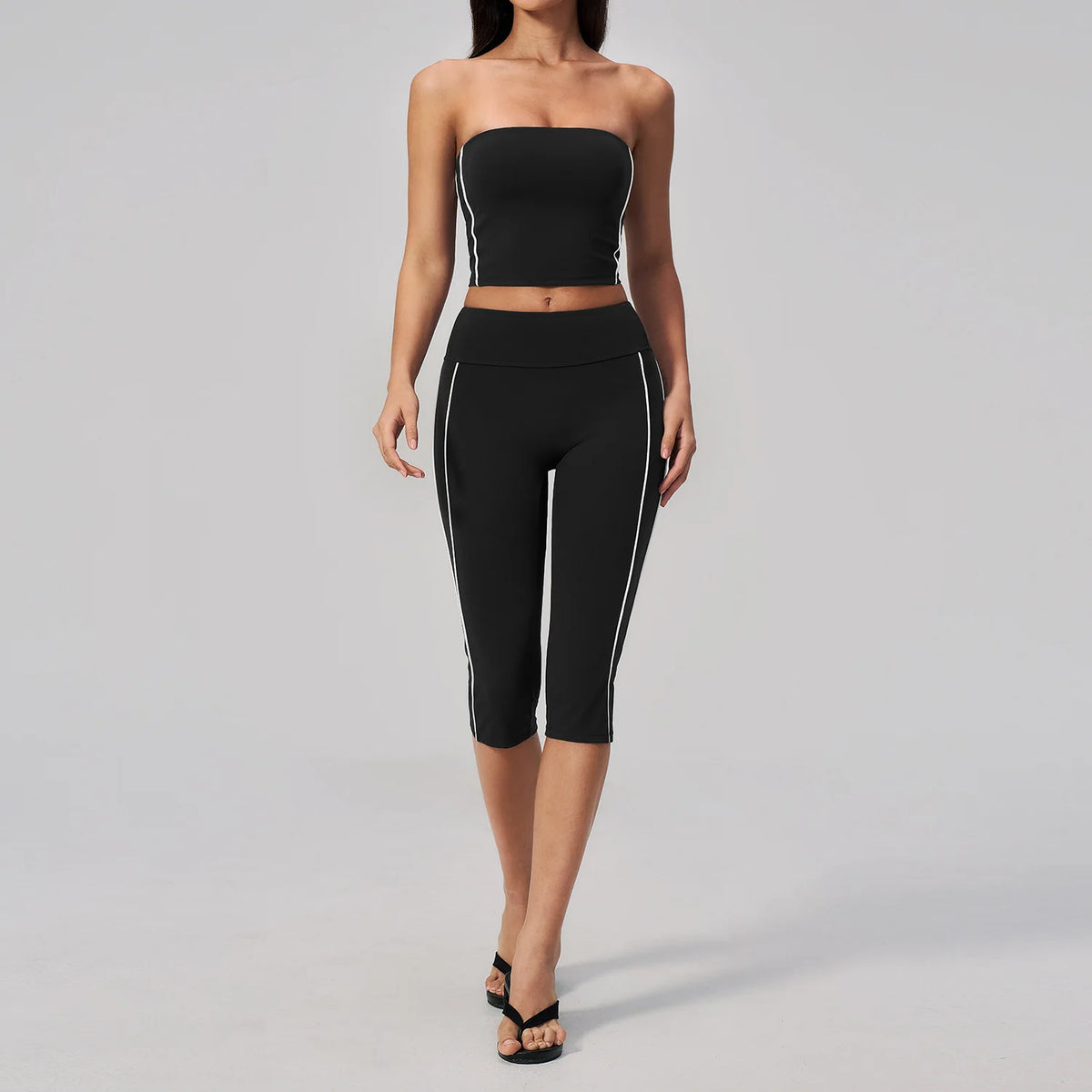 Color Blocked Strapless Yoga Suit 2 Pieces Women Sports Bra High Waist Leggings Fitness Suit Outwear Running Push Up Tracksuit