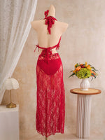 DEKA Holiday Red Solid Lace Bikini Set Women Mesh Cover Up +long Skirt 3 Piece Swimsuit Summer Bathing Suit Swimwear Biqui