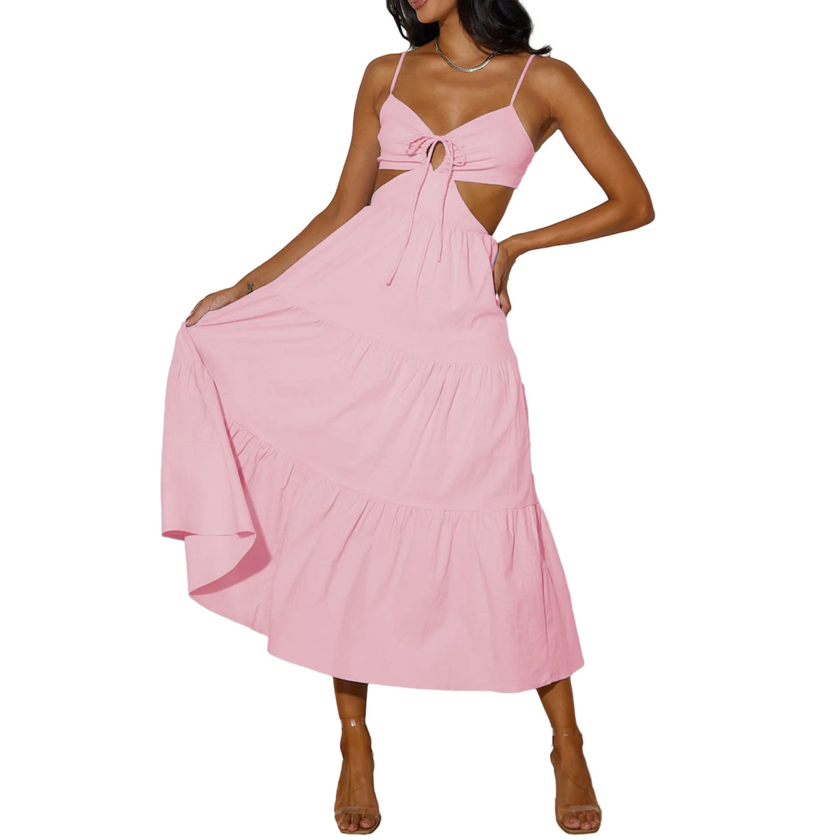 Spaghetti Strap Vacation Long Dress For Women Summer 2025 Fashion Elegant Sleeveless Backless Hollow Out Vestidos Party Dresses