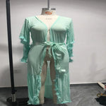 See-through Women Bath Party Dress Mesh Fluffy Sleeve Pleated Lace-up Bow Waist Wedding Night Honeymoon Bathrobe Nightdress